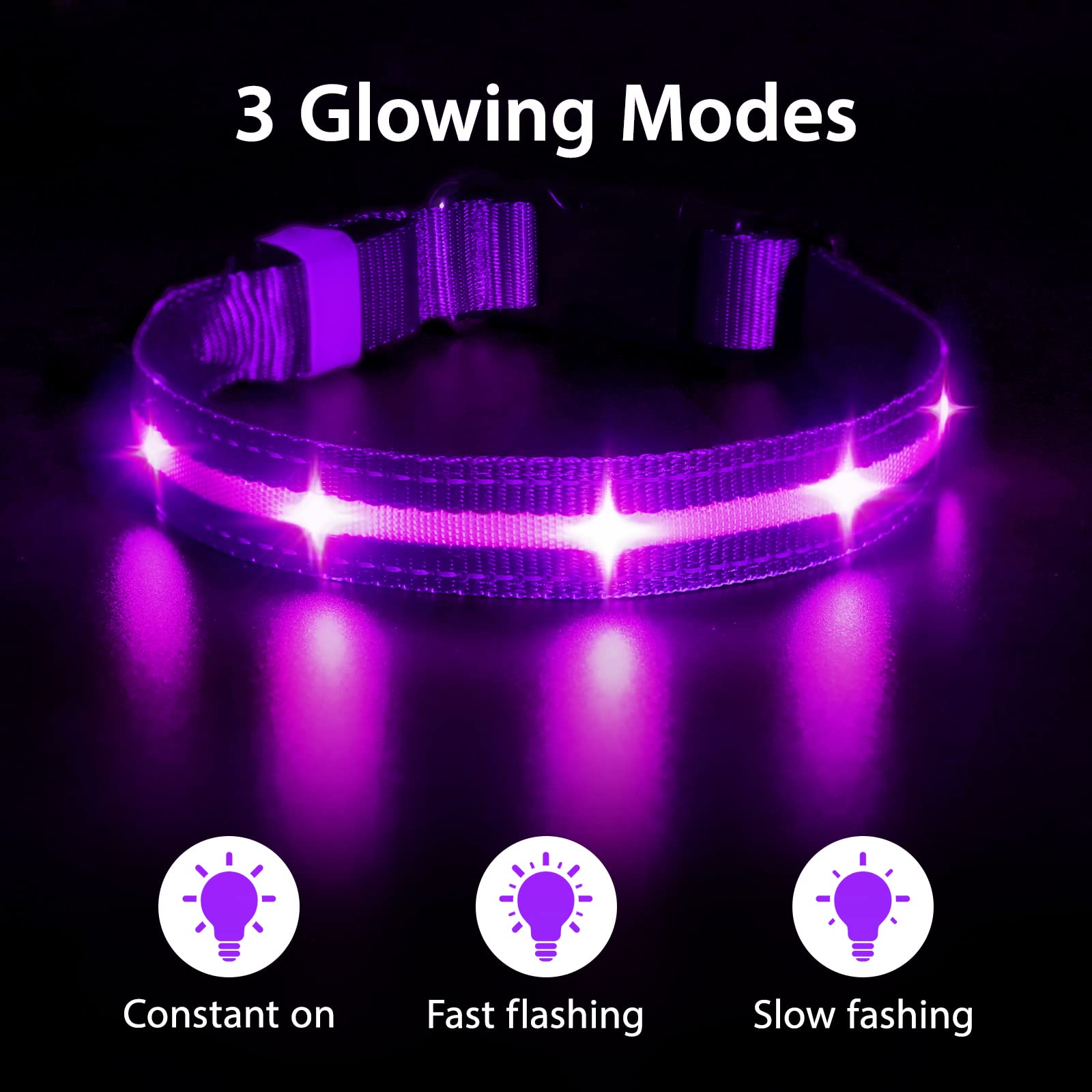 Collar LED recargable MASBRILL con batería de 250 mAh para salidas largas.