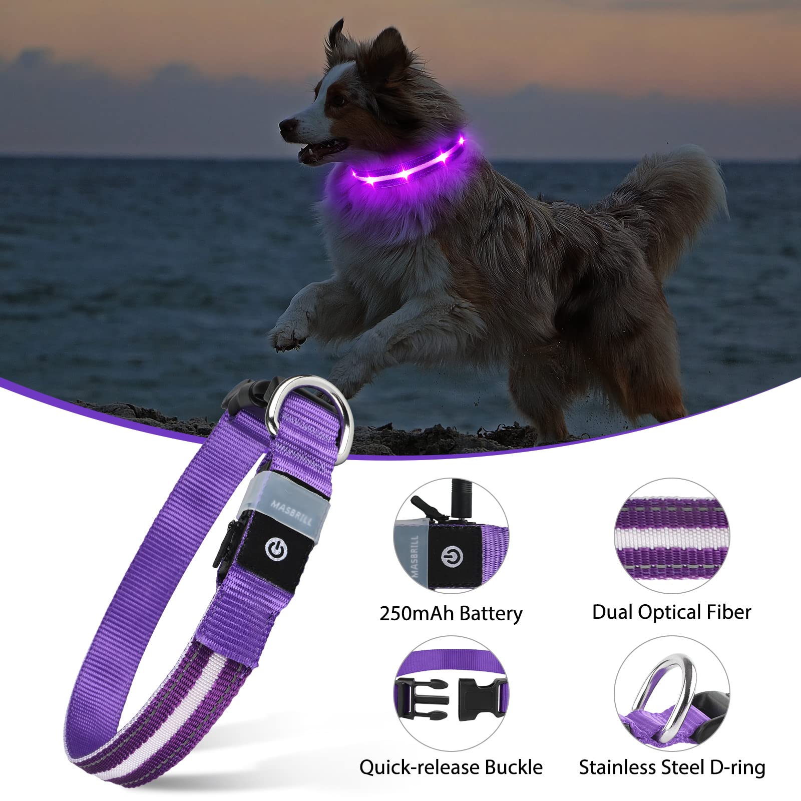 MASBRILL collar LED, tres modos de iluminación para mayor visibilidad.