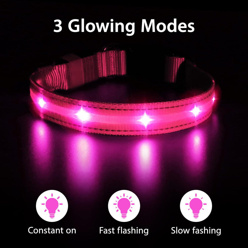 MASBRILL collar LED: modos sólido, parpadeo rápido y lento para mayor seguridad.