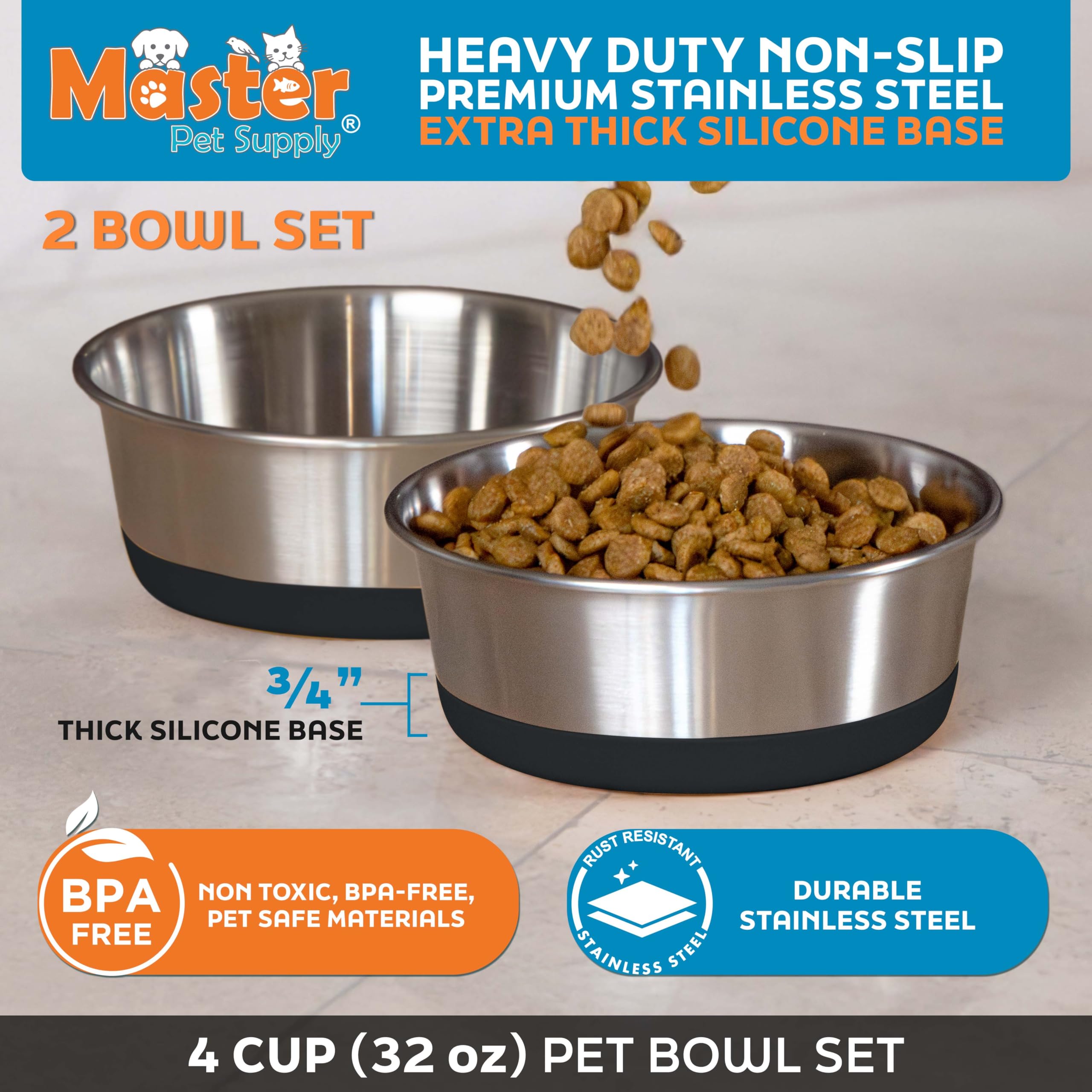 Base de silicona gruesa antideslizante en tazones Master Pet Supply para evitar deslizamientos.