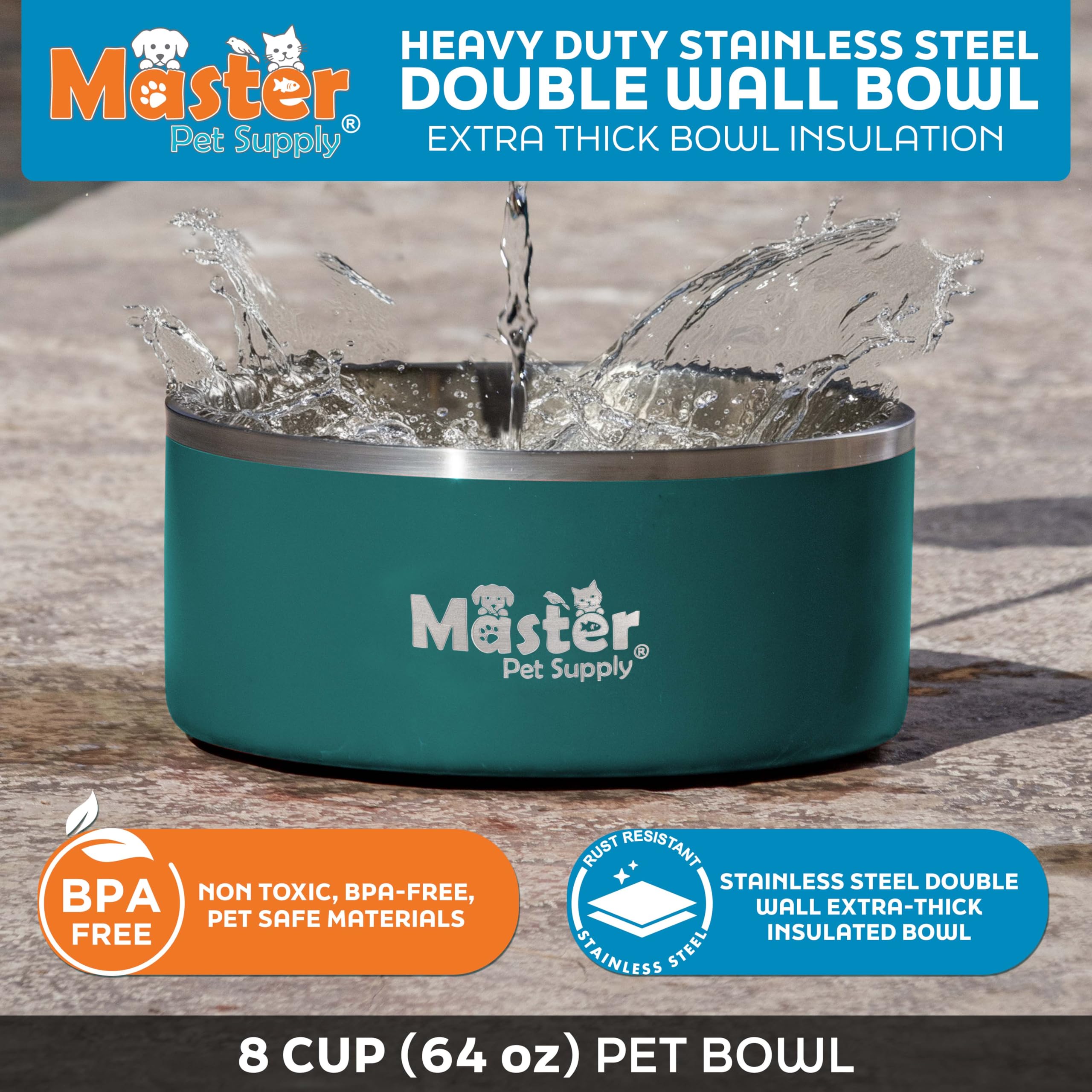 Master Pet Supply tazón 64 onzas para perros y gatos, gran capacidad de hidratación.