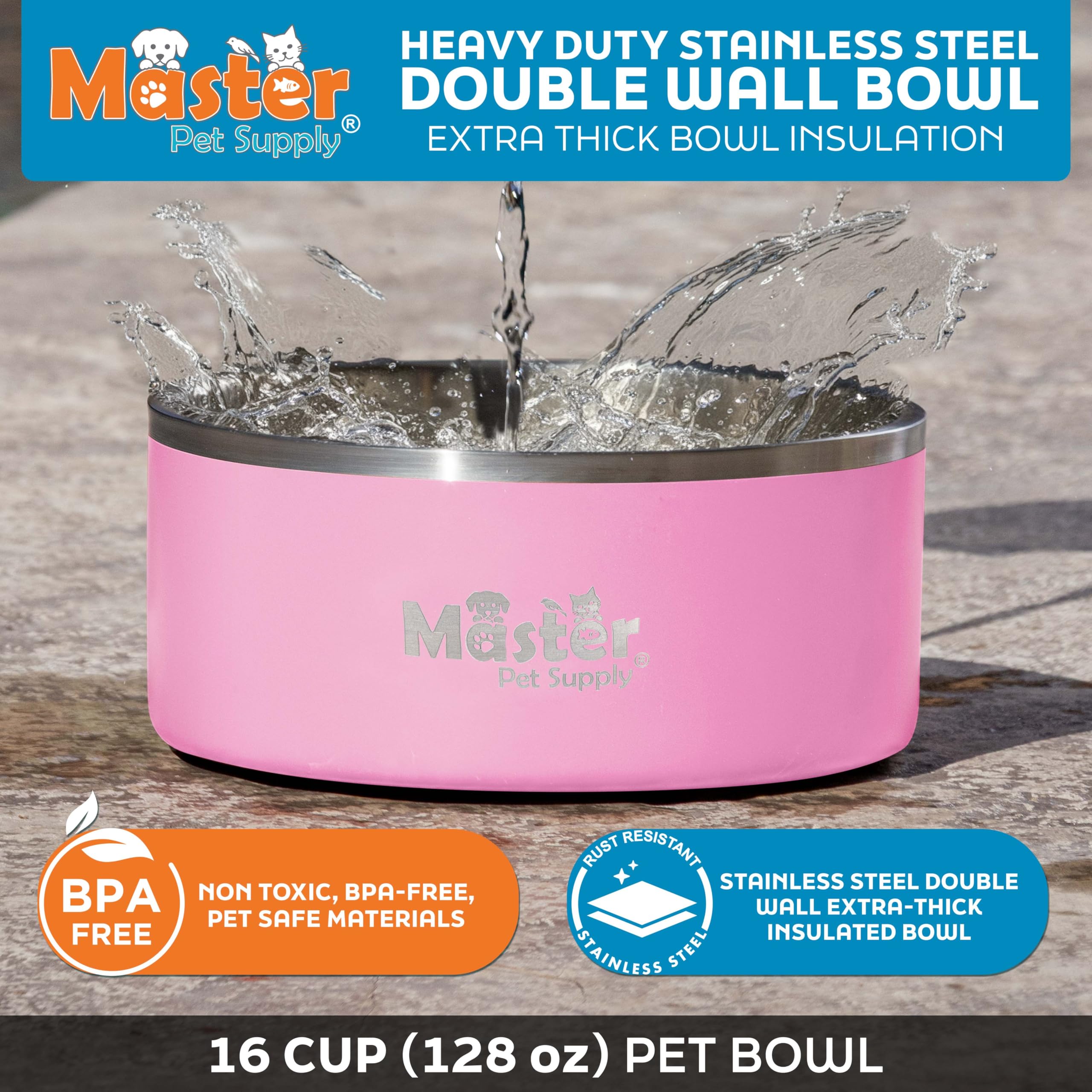 Master Pet Supply tazón doble pared, mantiene agua fría por más tiempo.
