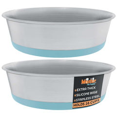 Tazones de acero inoxidable de Master Pet Supply con base de silicona antideslizante.