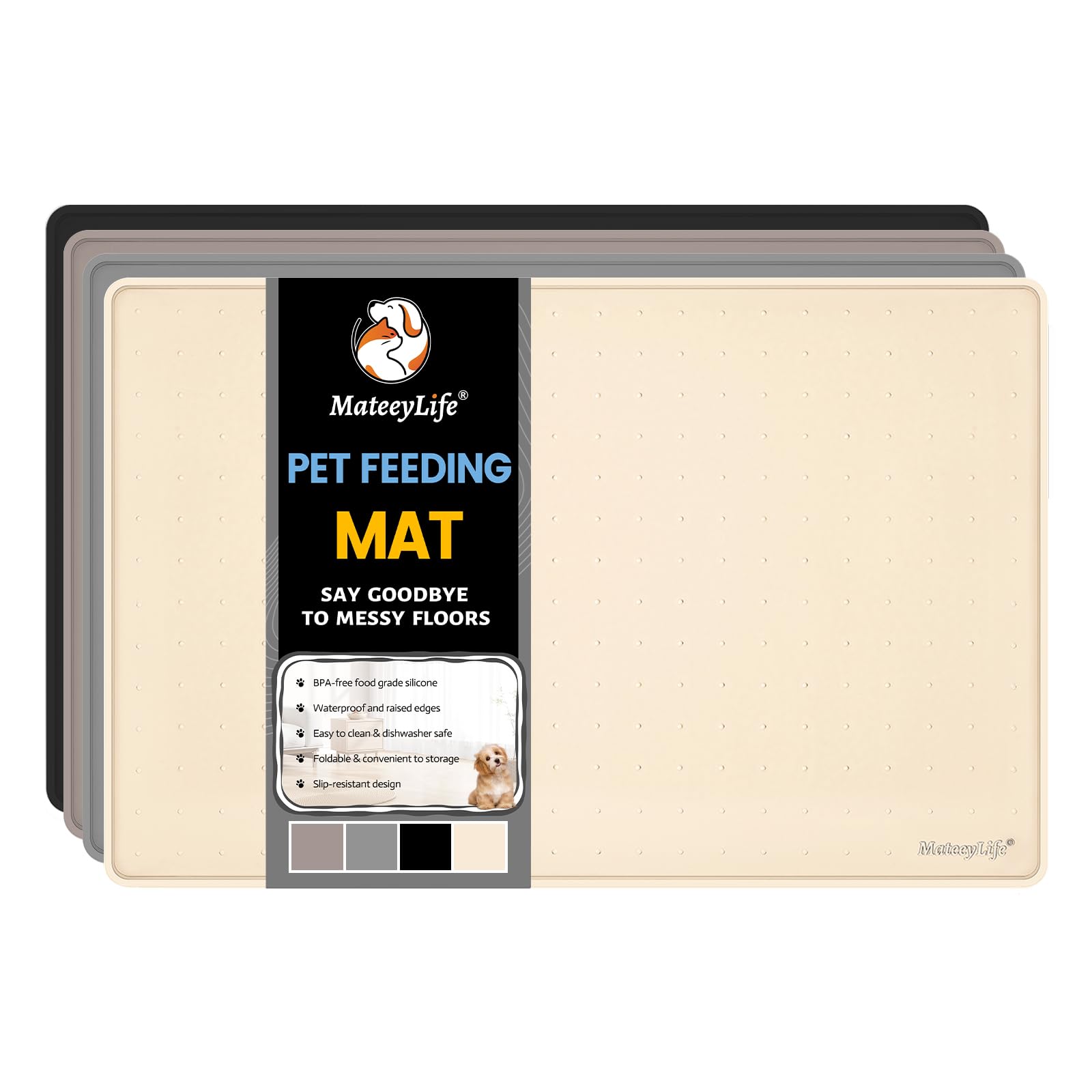 Tapete MateeyLife con borde elevado para evitar derrames en comida de mascotas.