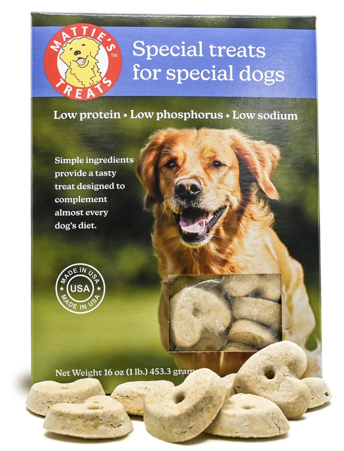 Mattie's Treats: caja de 1 libra, snack apto para dietas con bajo proteína.