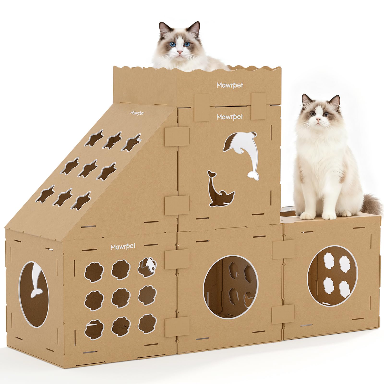 Casita de cartón Mawrpet con torre interior para juego y descanso.