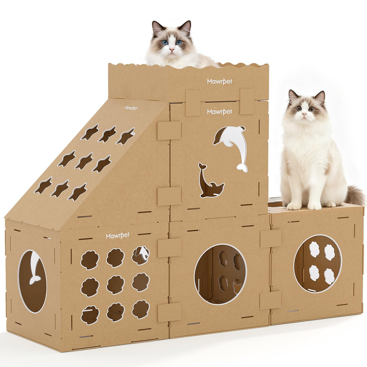Casita de cartón Mawrpet con torre interior para juego y descanso.