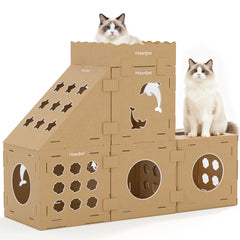 Casita de cartón Mawrpet con torre interior para juego y descanso.