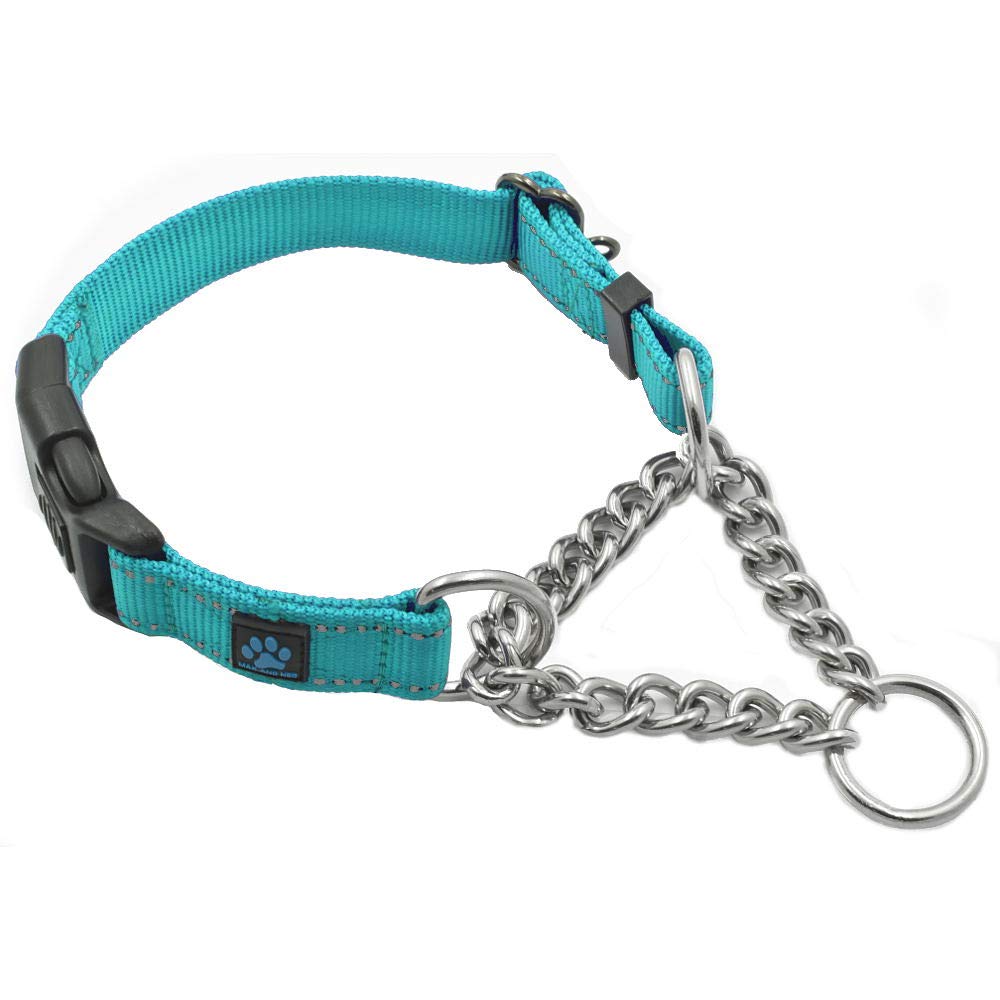 Max and Neo collar martingale de acero inoxidable, primer plano, detalle resistente para paseos.