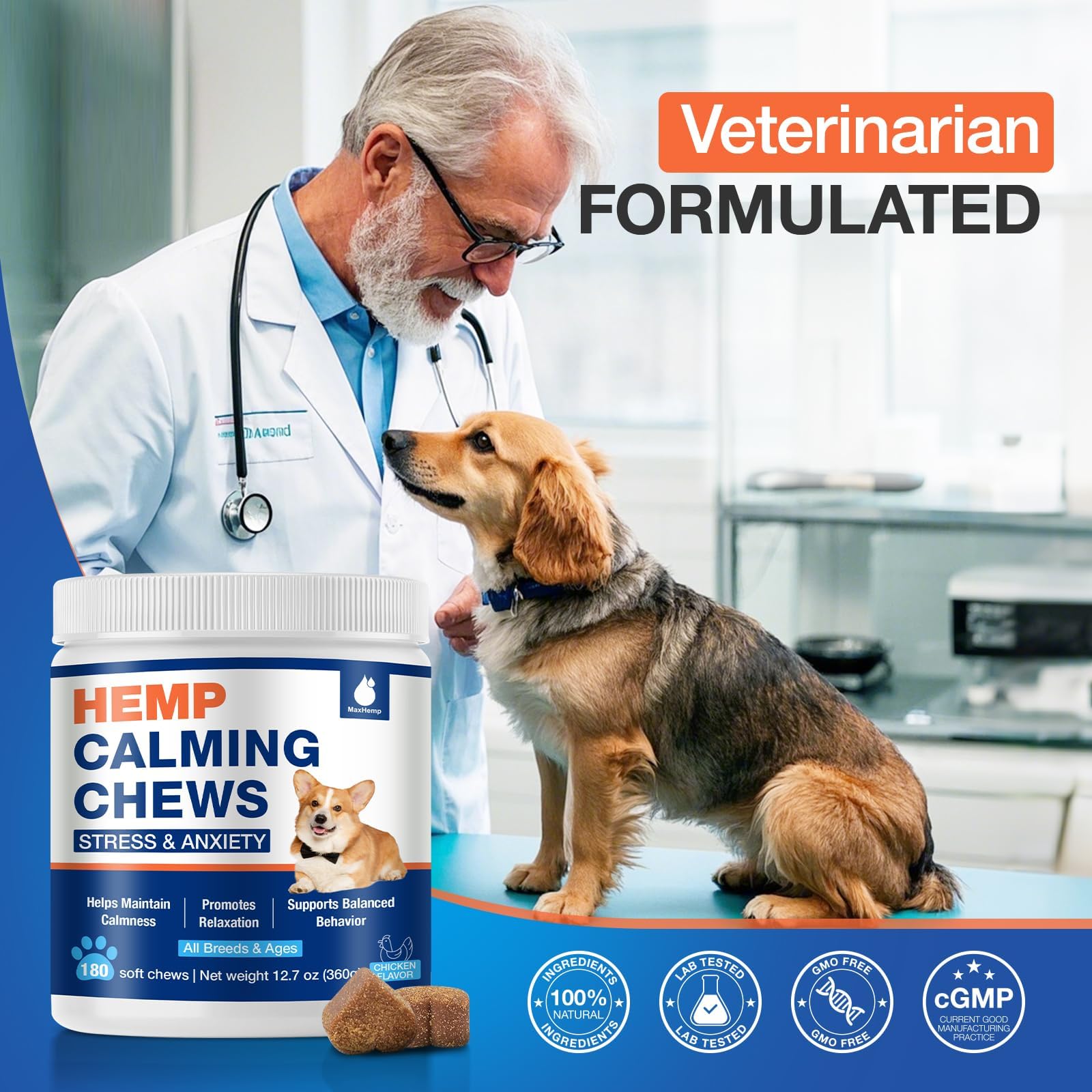 MaxHemp aprobado por veterinarios y libre de granos, cuidando la seguridad.