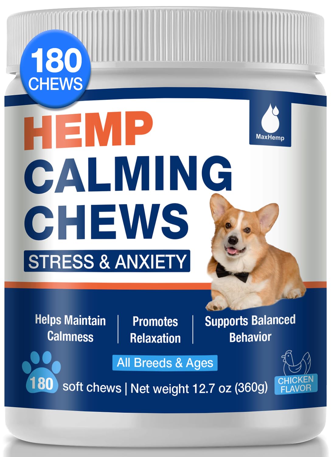 MaxHemp bocado calmante para perro en envase, facilita la organización de las comidas diarias.