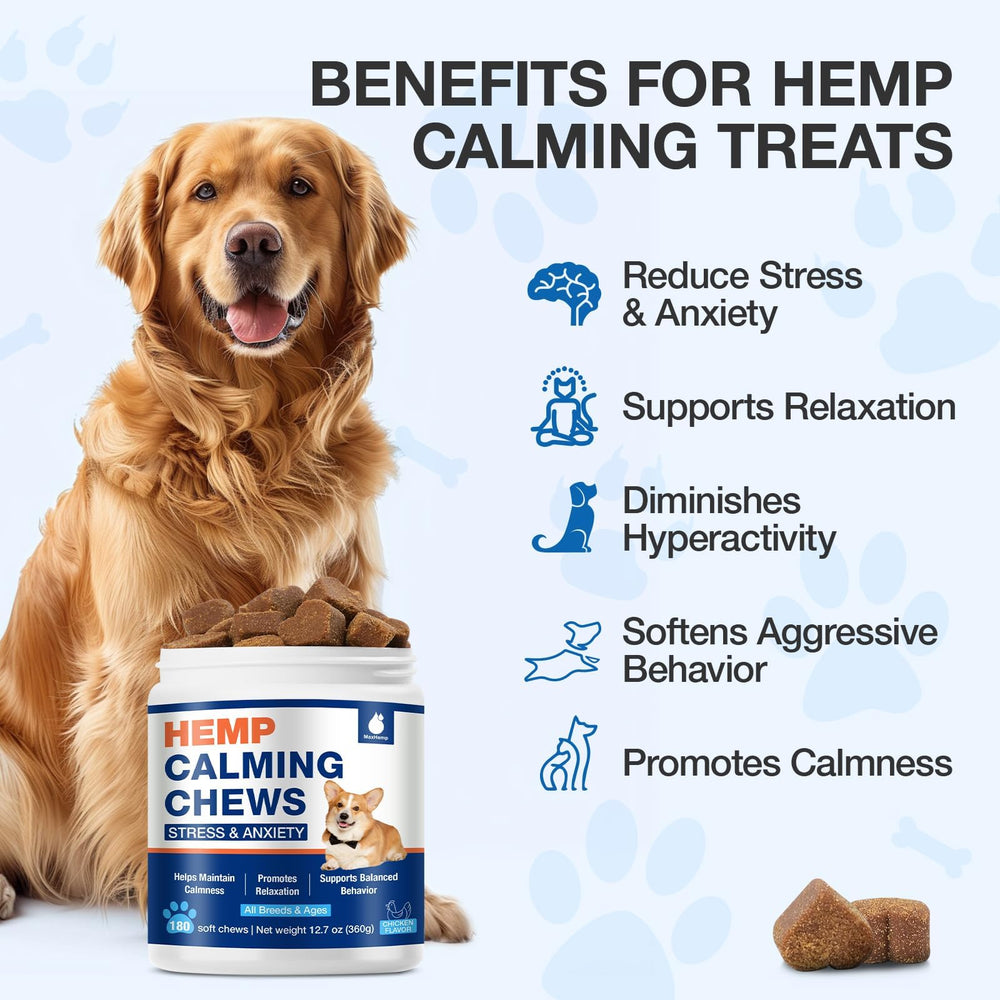 MaxHemp bocado calmante sabor pollo para perro, fácil de dar como snack relajante.