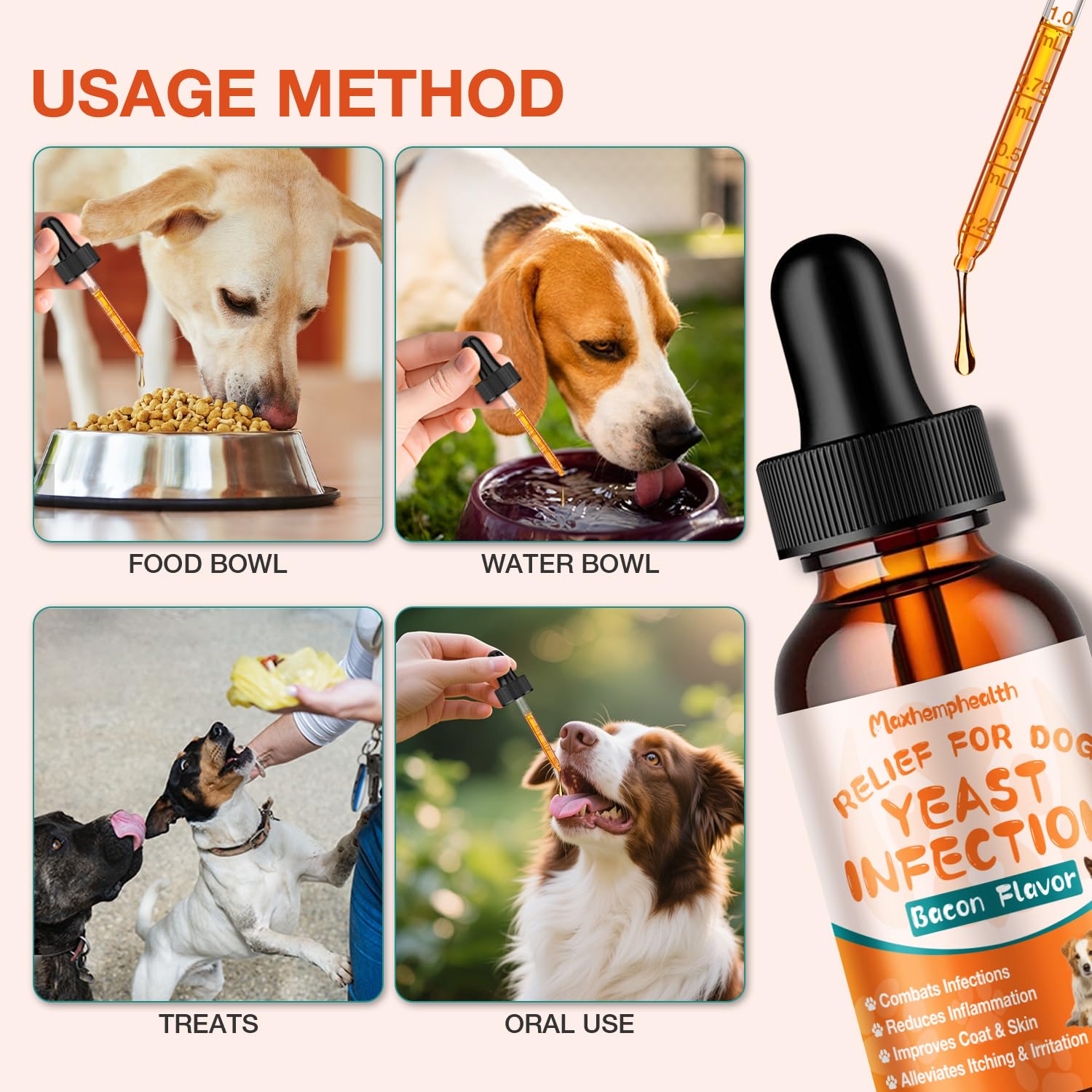 Maxhemphealth aplicación fácil, gotas para perros, ahorro de tiempo.