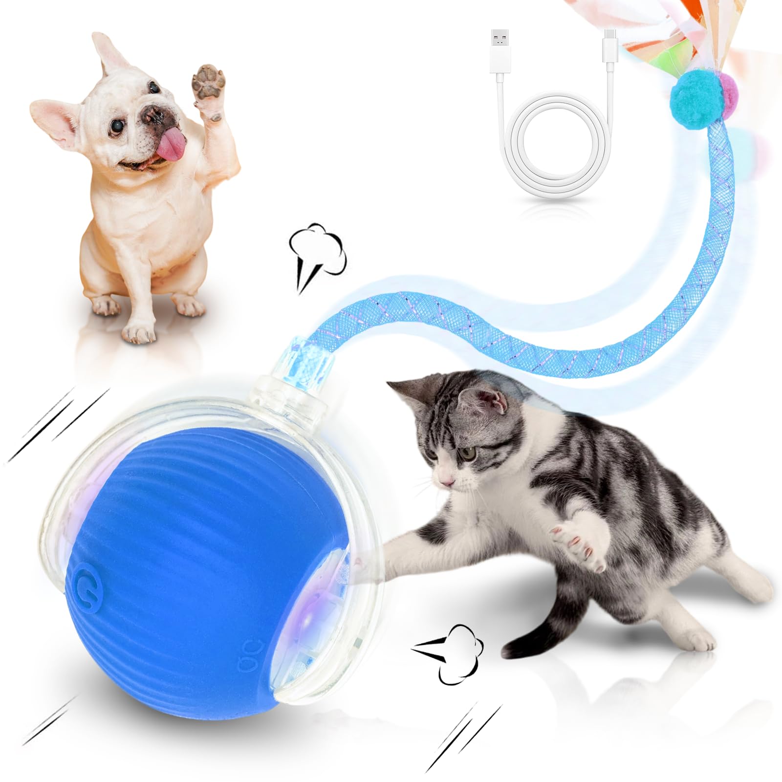 MAXTOOA Juguete interactivo para gatos con bola azul y libélula; estimula juego y caza.