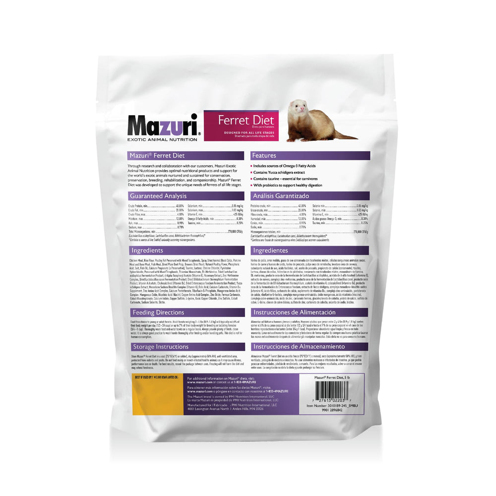 Mazuri para hurones, proteínas animales variadas para nutrición equilibrada.
