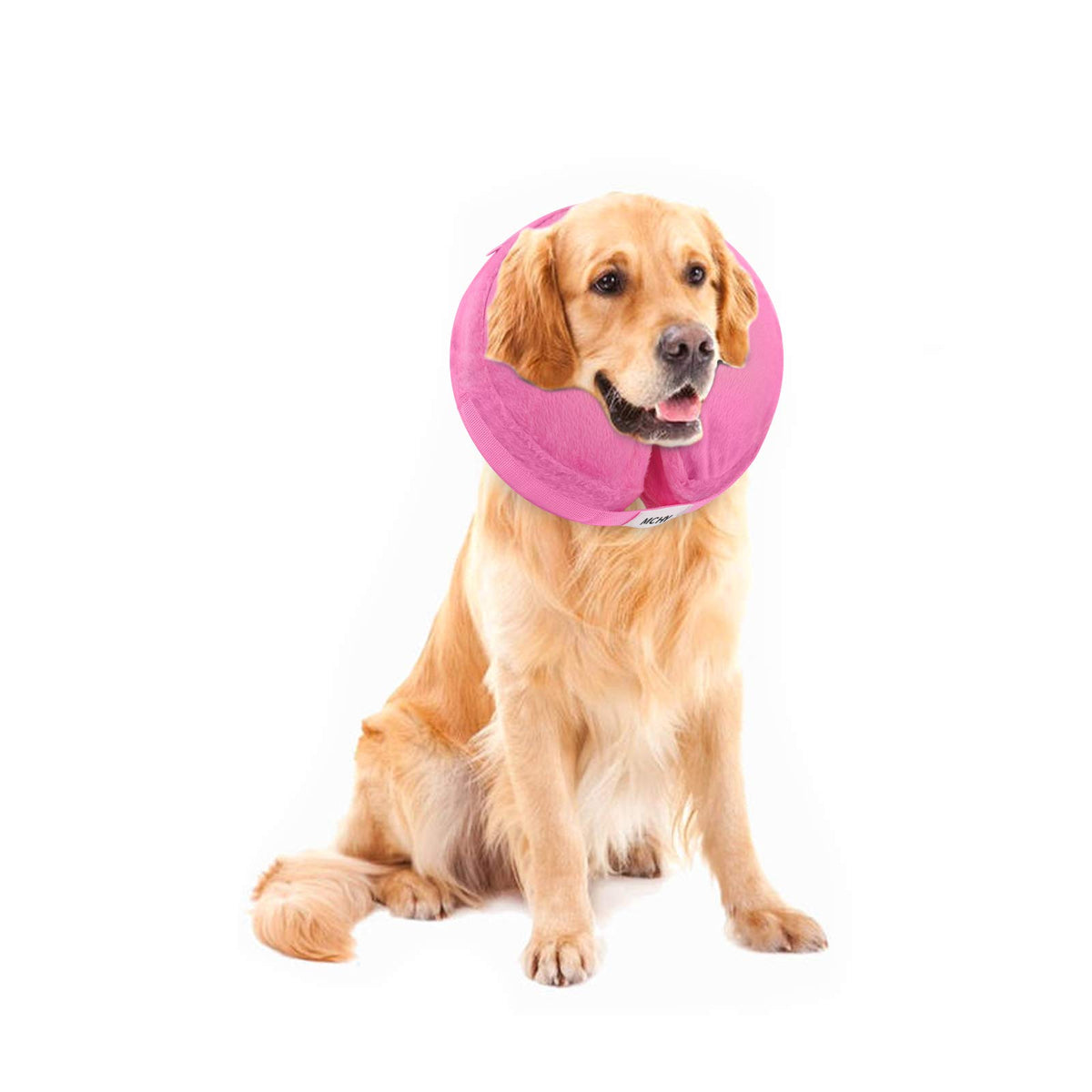 Cono inflable MCHY para perros rosa, vista frontal, protege heridas sin bloquear la visión.