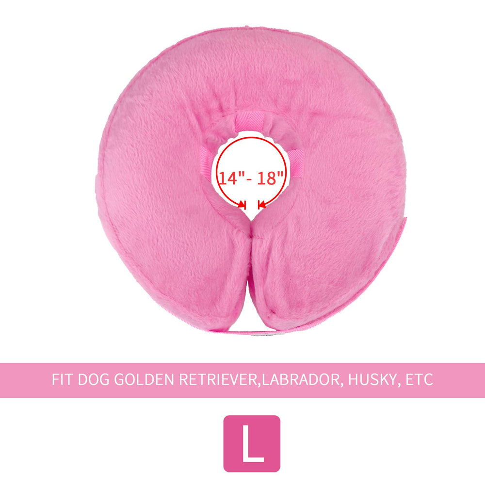 Cono inflable MCHY para perros rosa, vista lateral, evita lamidos de áreas lesionadas.