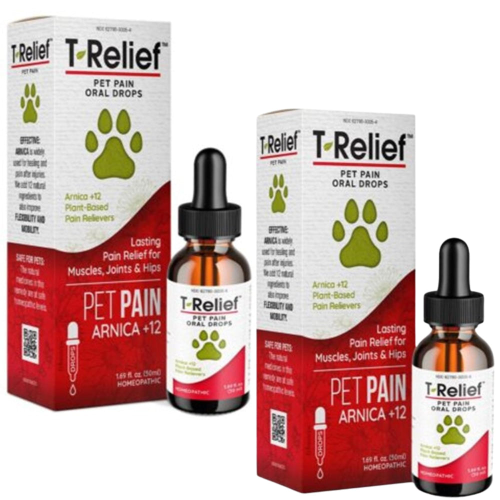 Gotas MediNatura T-Relief para perros, frasco vertido, alivio suave para músculos y articulaciones.