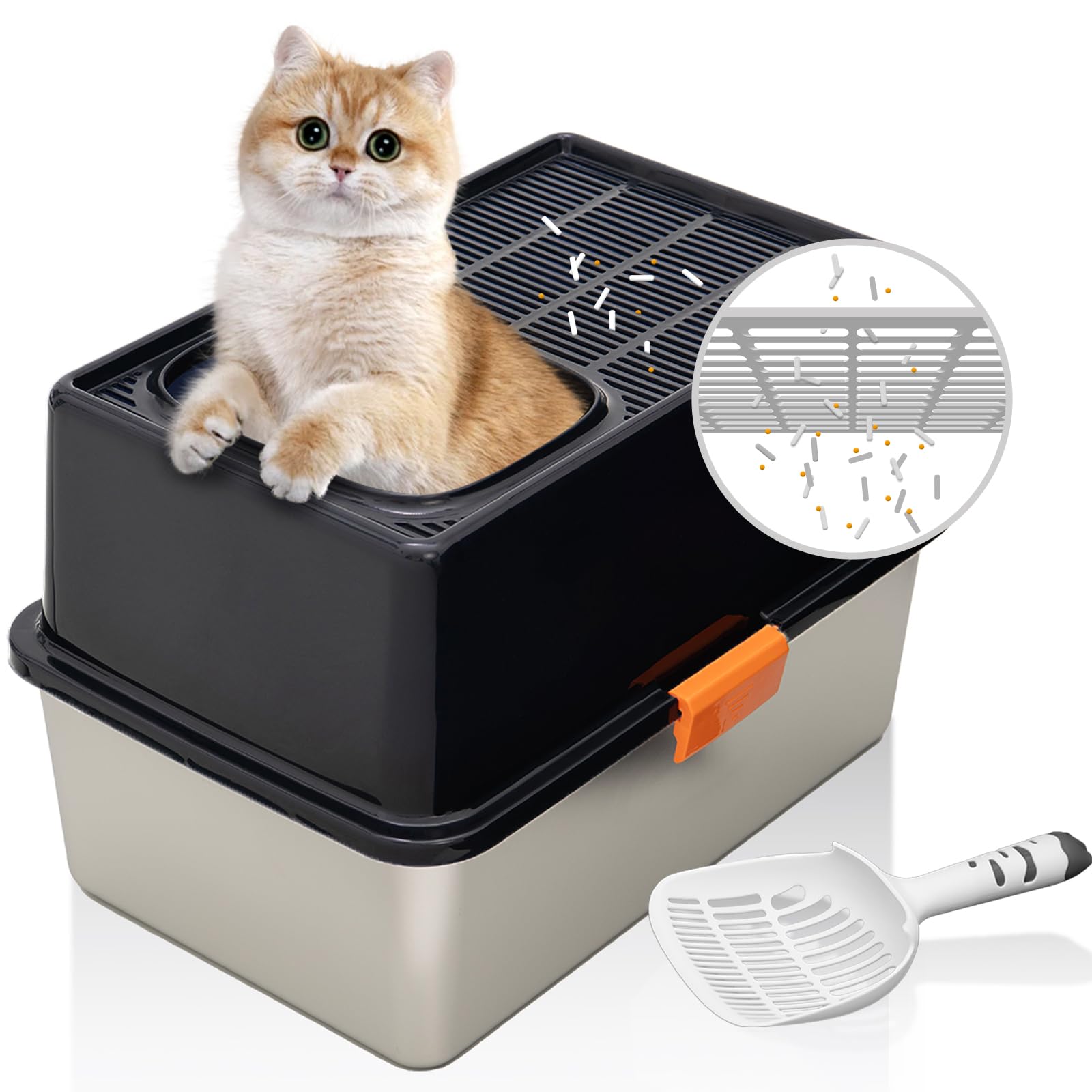 MEEXPAWS caja de arena de acero inoxidable con entrada superior para mayor privacidad