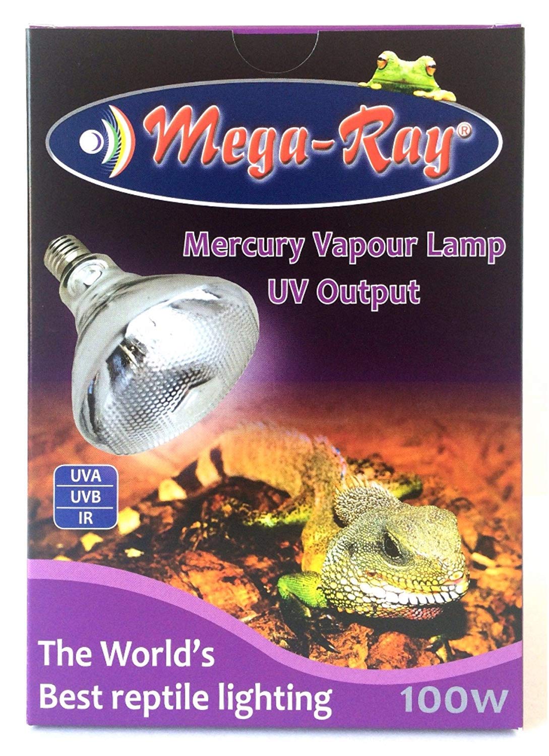 Mega-Ray Bombilla de vapor de mercurio, vista frontal, iluminación UVA/UVB para terrarios.