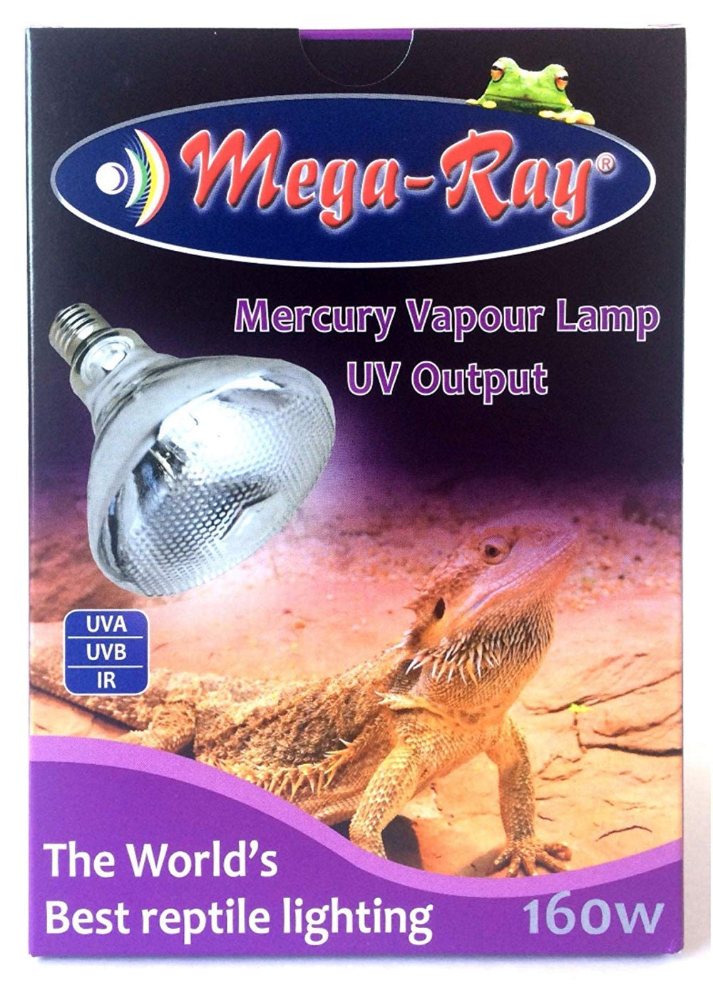 Mega-Ray lámpara UV de vapor de mercurio, vista frontal para reptiles y calor suave.