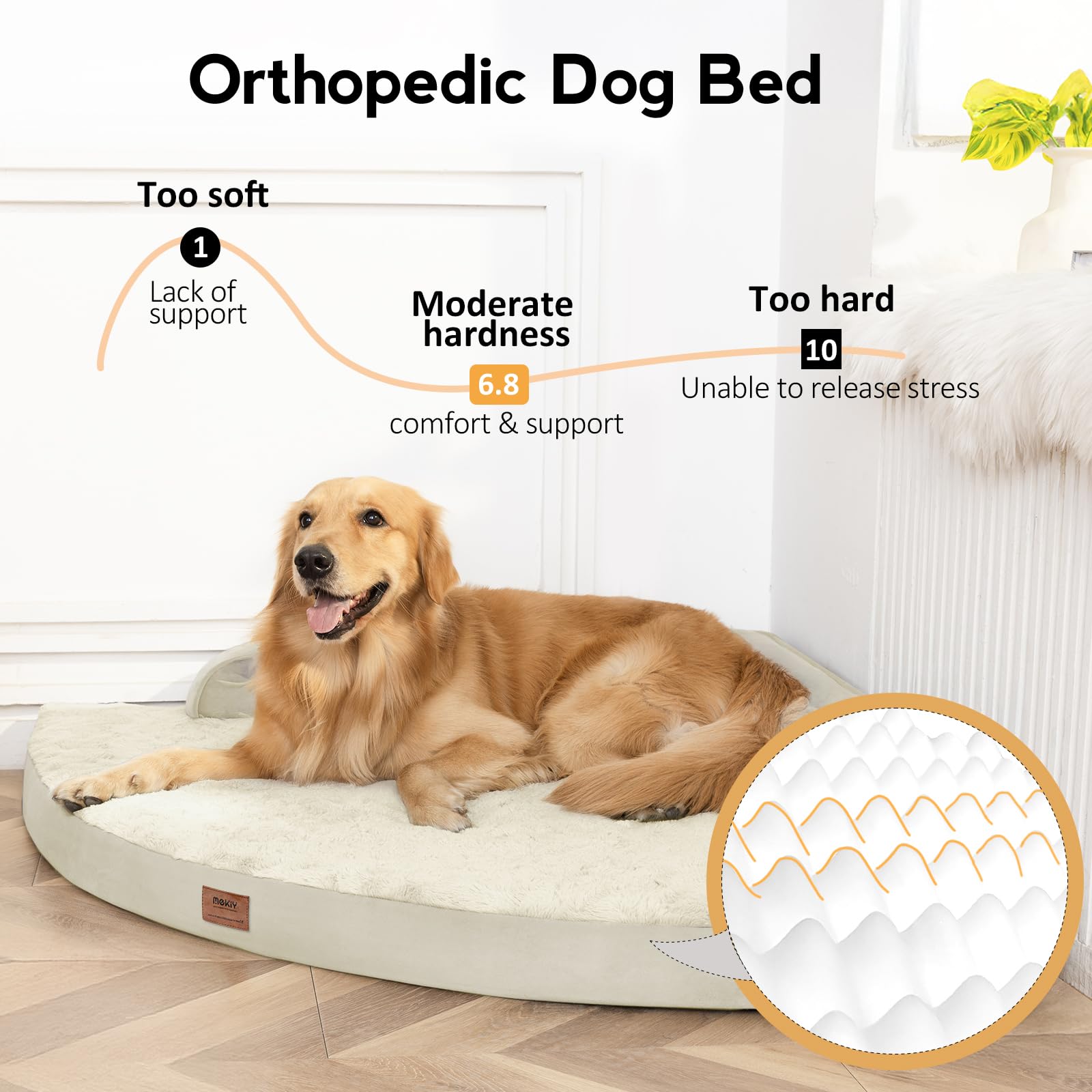 Cama MEKIY para perro grande, primer plano de espuma alveolar suave, confort diario.
