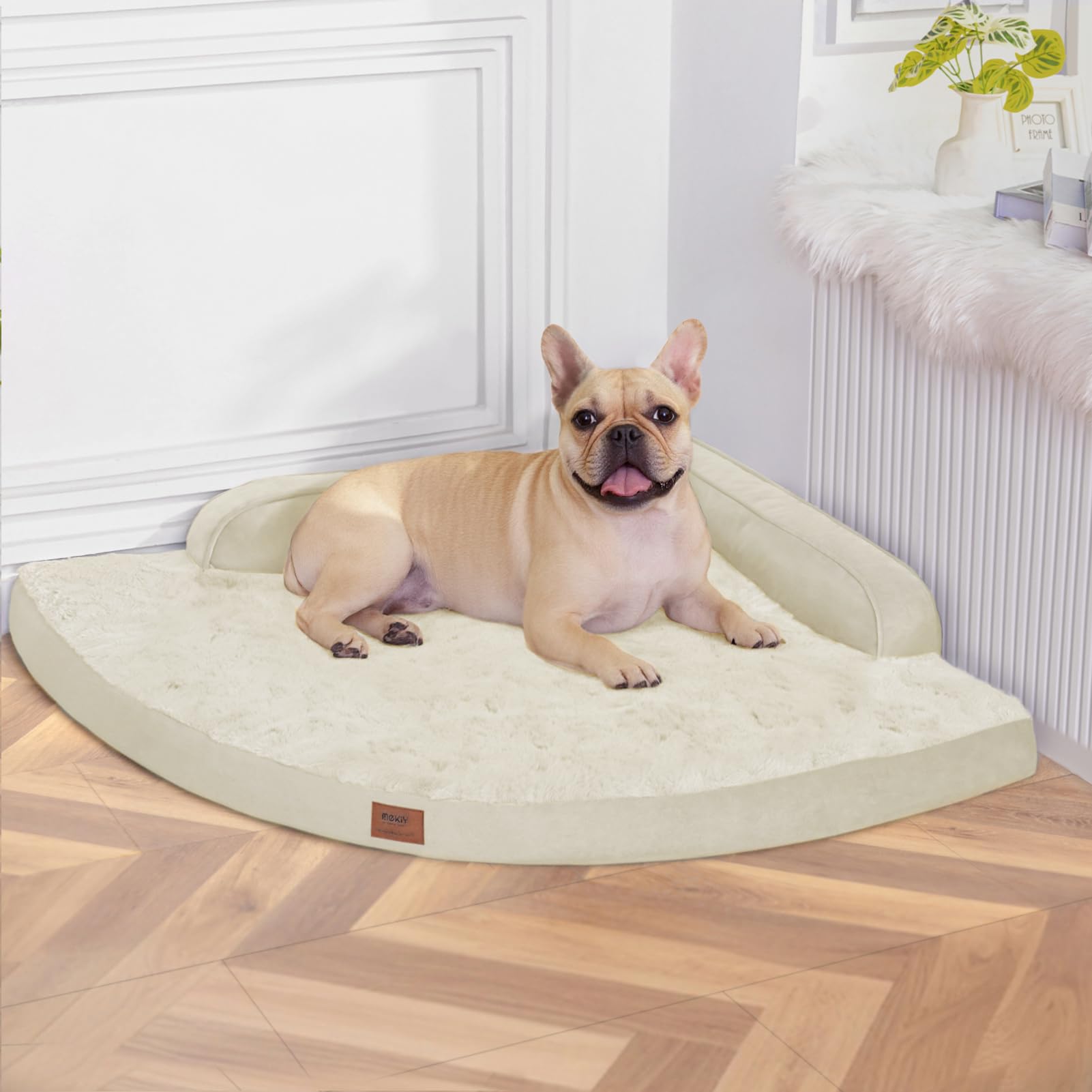 Cama MEKIY para perro grande, vista frontal beige, soporte cómodo para descanso.