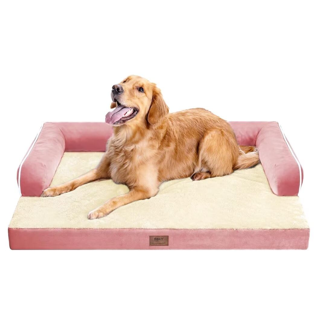 Cama MEKIY para perro grande con espuma ortopédica rosa y borde XL.