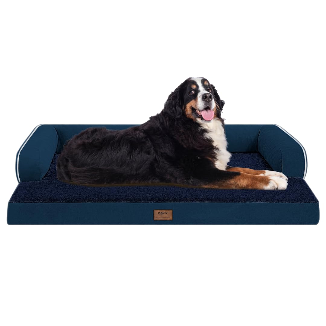 MEKIY cama ortopédica para perros grandes, funda lavable, azul marino y soporte cómodo.