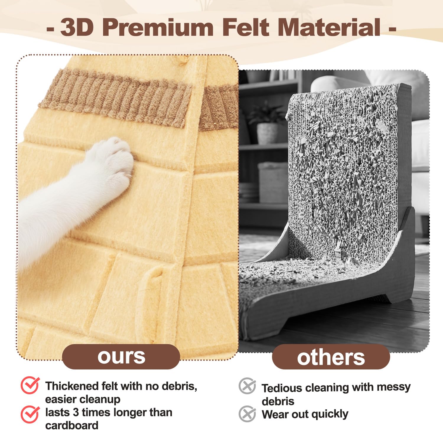 Mellownido: textura de fieltro resistente para rascar sin desgaste.