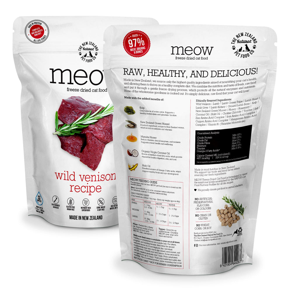 Meow venado liofilizado-02: textura crujiente ideal como aderezo.