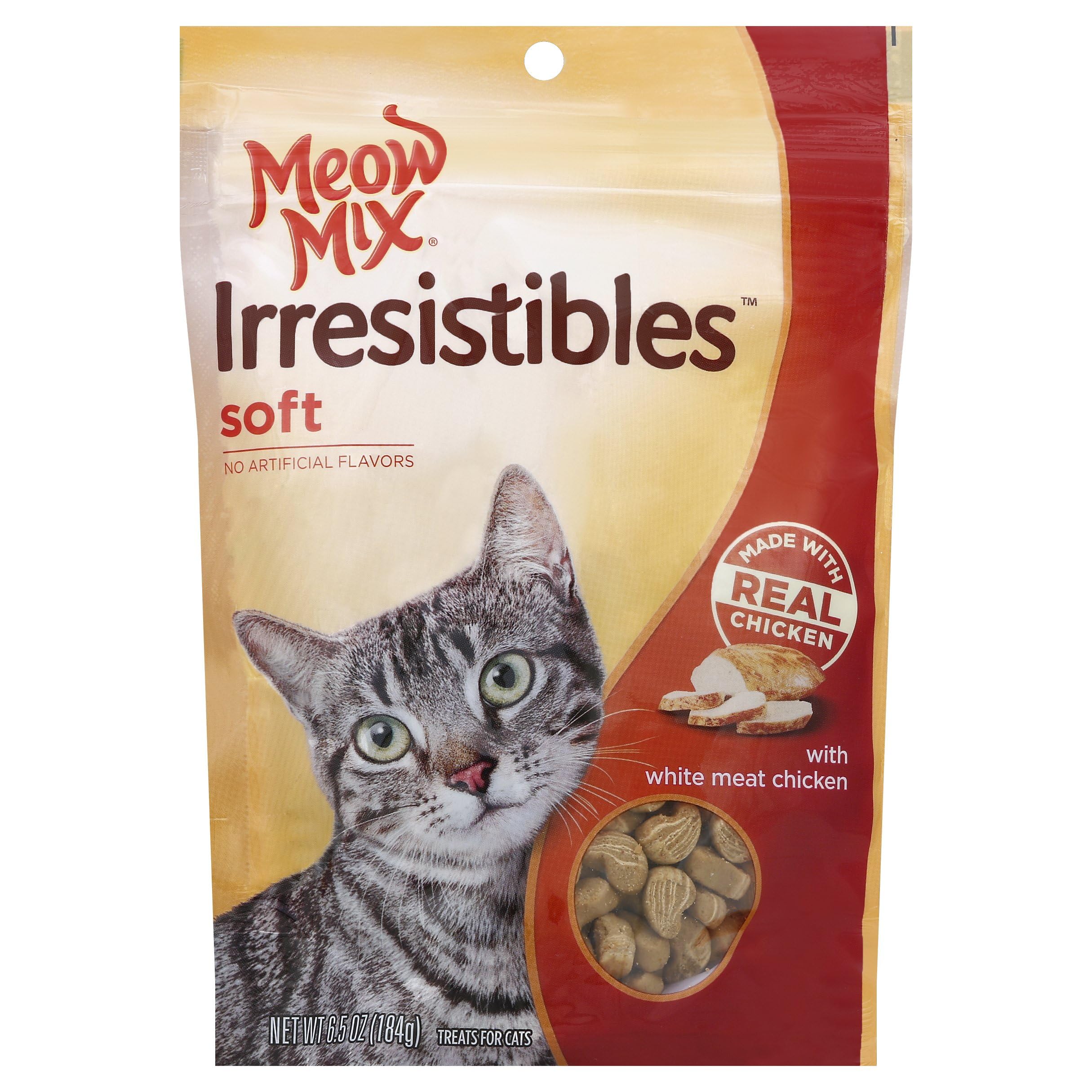 Meow Mix Irresistibles empaque con cierre reutilizable para conservar la frescura del pollo