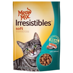 Meow Mix Irresistibles salmón suave bocadito, snack tierno para premio diario.