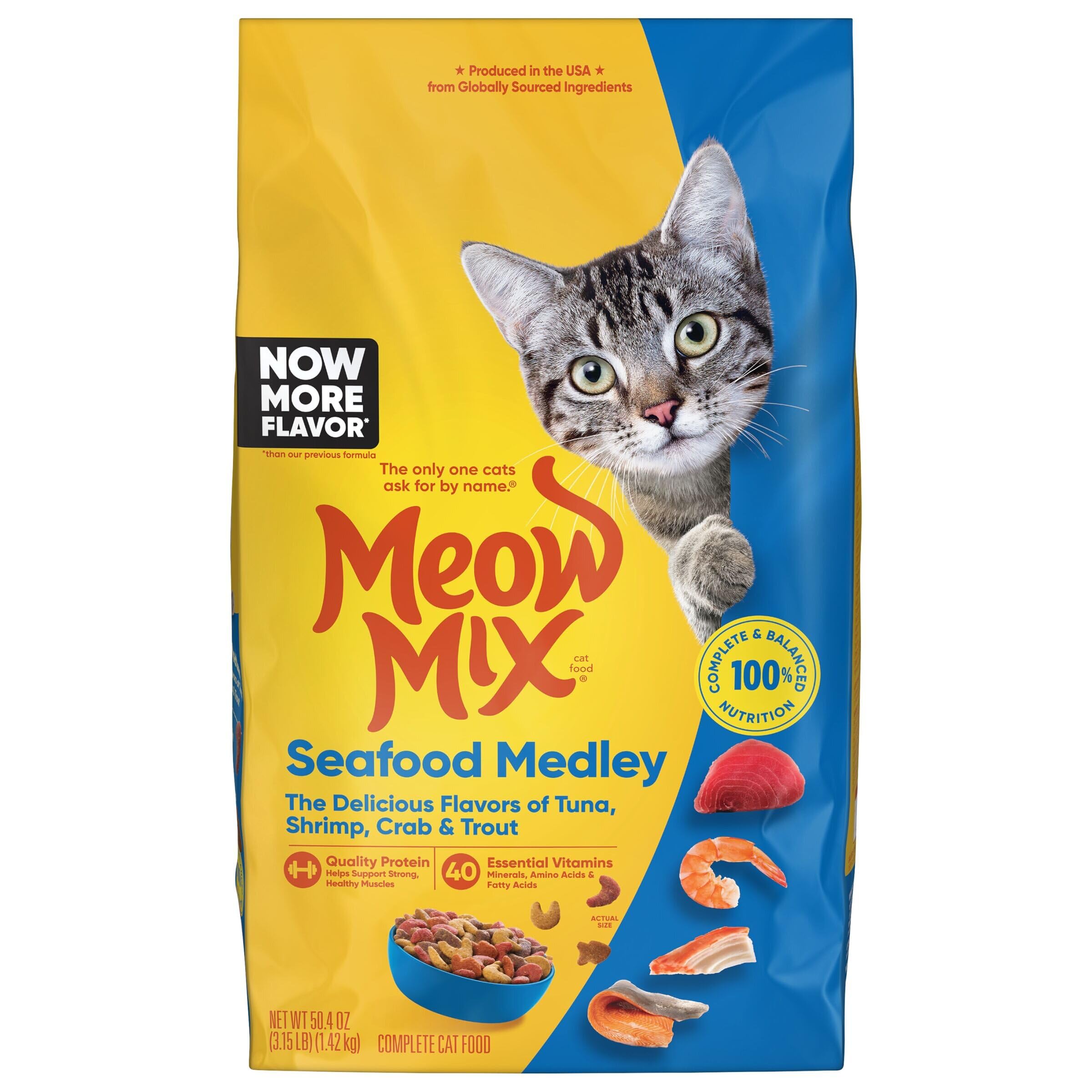 Meow Mix Seafood Medley croquetas atún: sabor irresistible para gatos activos.