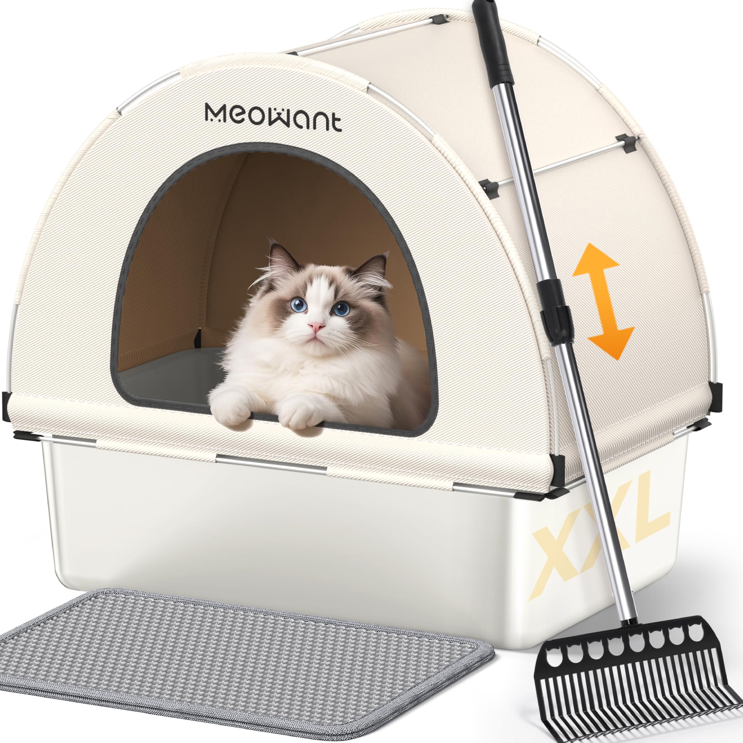 Caja Meowant de acero inoxidable XL con tapa Oxford para privacidad.