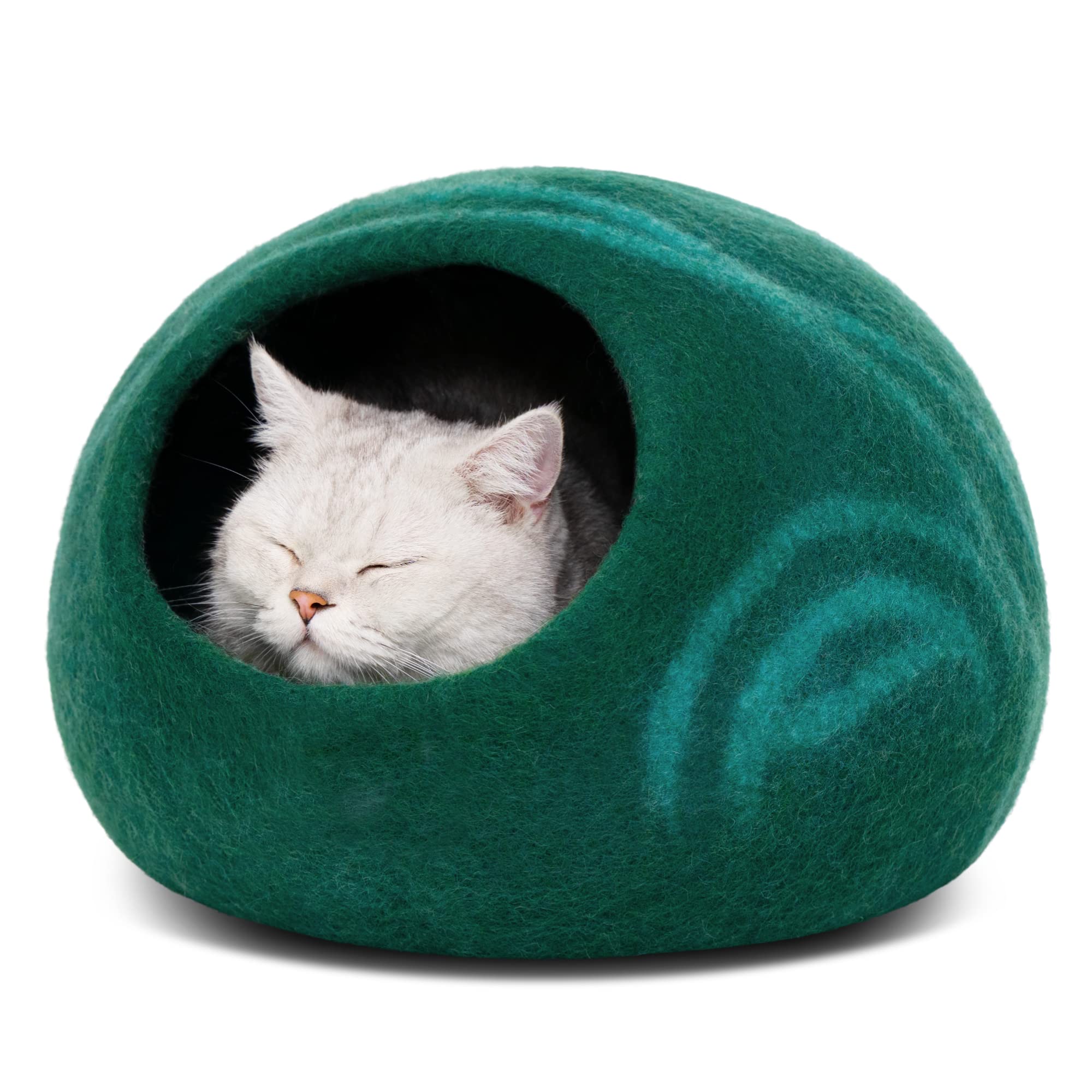 MEOWFIA cueva para gato de lana merina esmeralda, refugio cálido y duradero.