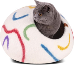 MEOWFIA Cueva para gato en lana merino marfil arcoíris, refugio cómodo para gatos.