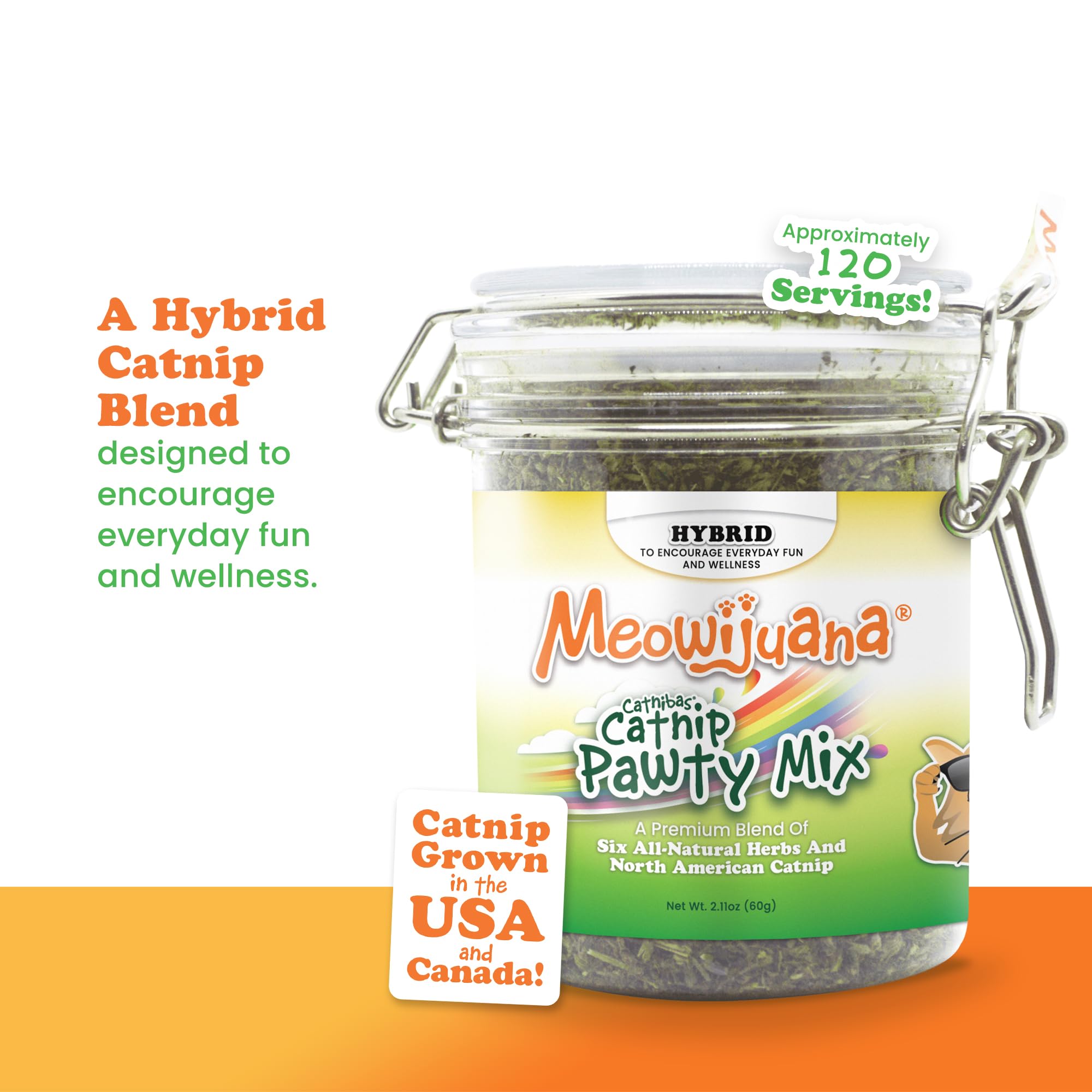 Meowijuana Catnibas Pawty Mix con hierbas de Norteamérica para variedad sensorial.