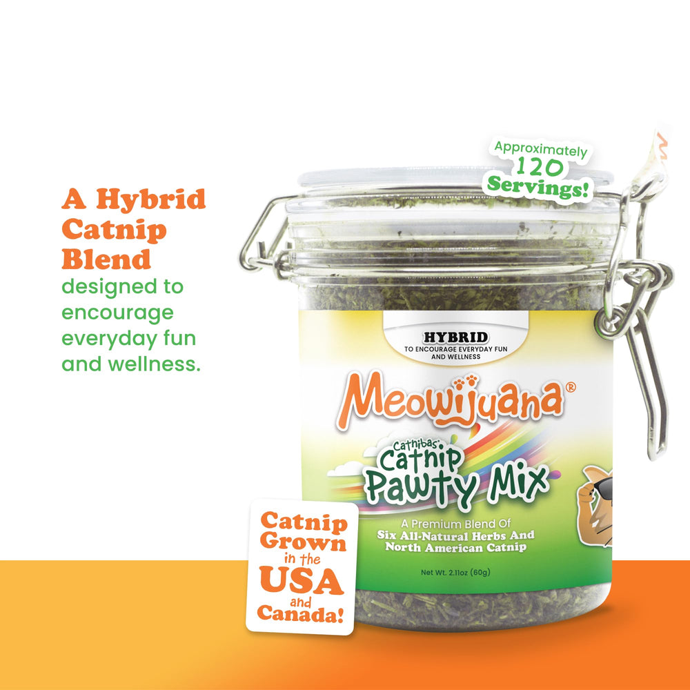 Meowijuana Catnibas Pawty Mix con hierbas de Norteamérica para variedad sensorial.