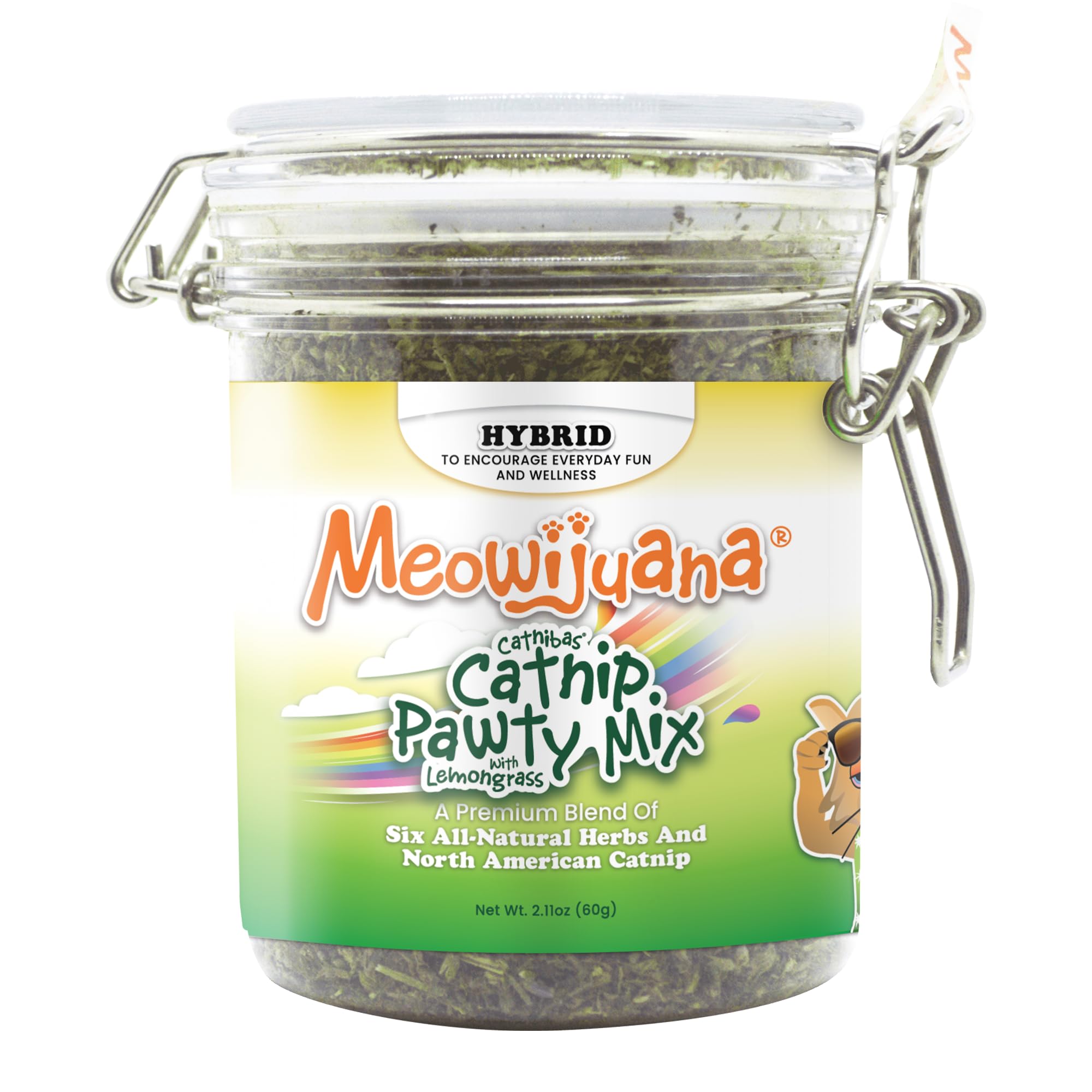 Meowijuana Catnibas Pawty Mix con lemongrass en tarro para enriquecimiento felino.