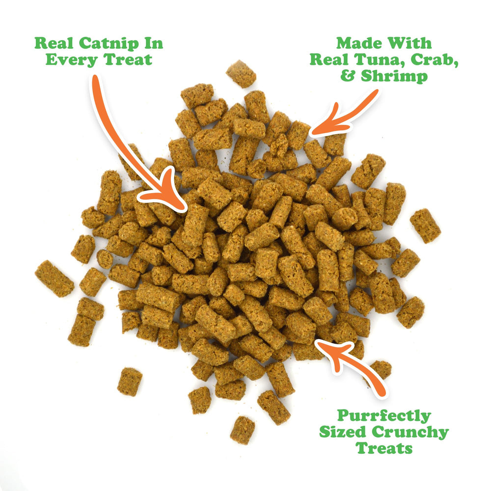 Meowijuana Crunchie Munchies atun-cangrejo, sabor marino para recompensas diarias.