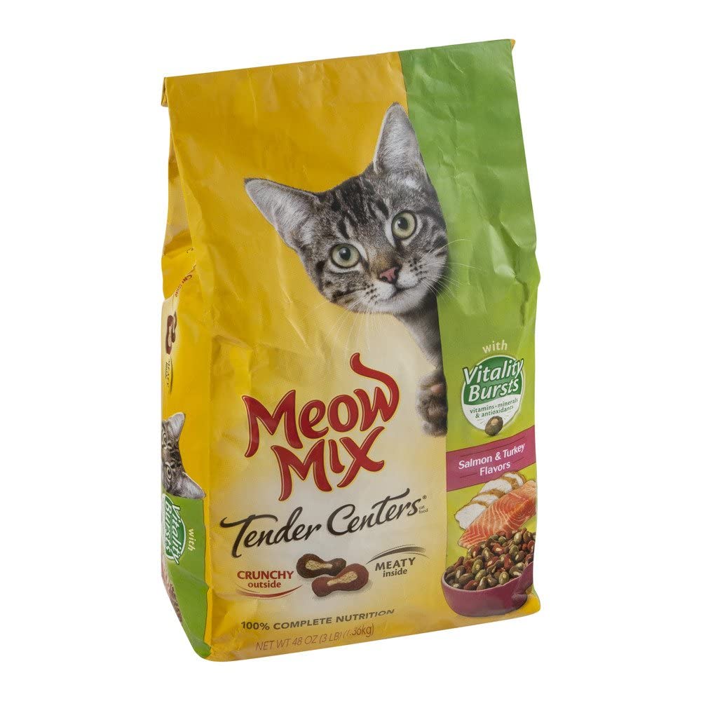 Meow Mix Centro Tierno con Vitalidad Burst, etiqueta clara para escoger fácilmente.