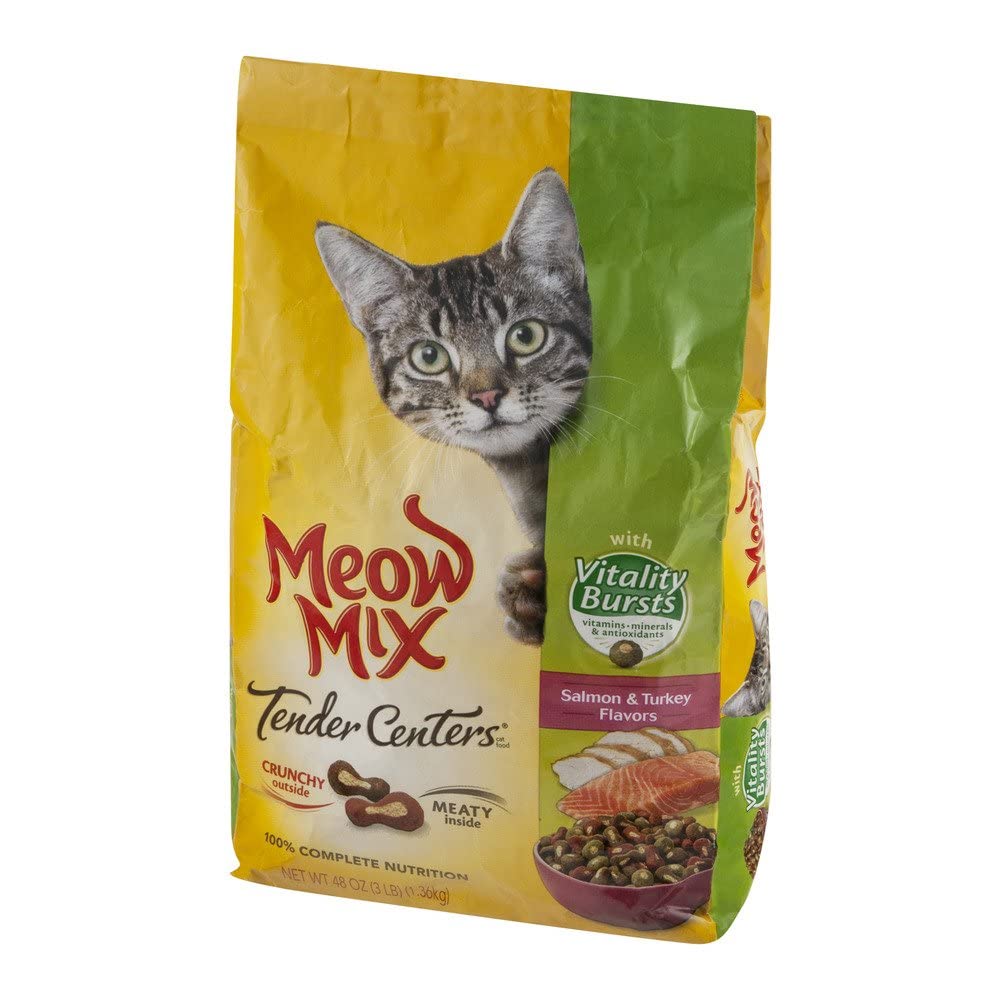 Meow Mix Centro Tierno con Vitalidad Burst, gato disfrutando como recompensa diaria.