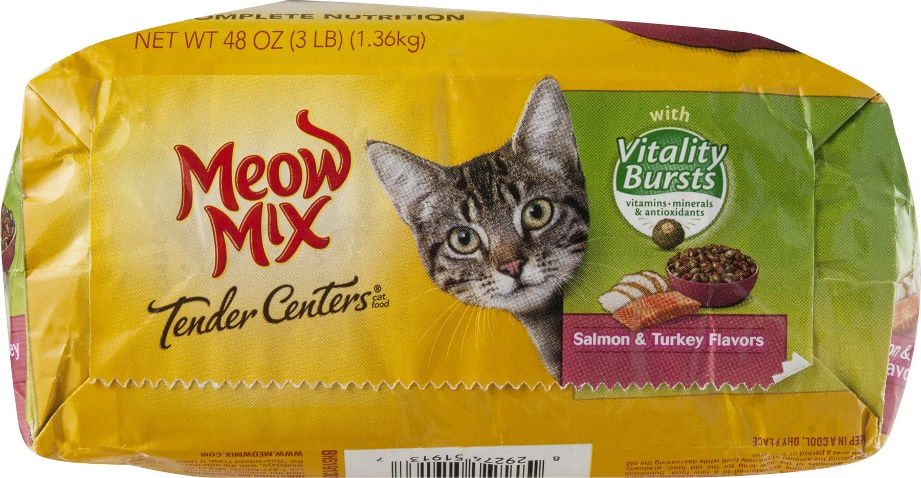 Meow Mix Centro Tierno con Vitalidad Burst, mordida sabrosa para momentos de juego.