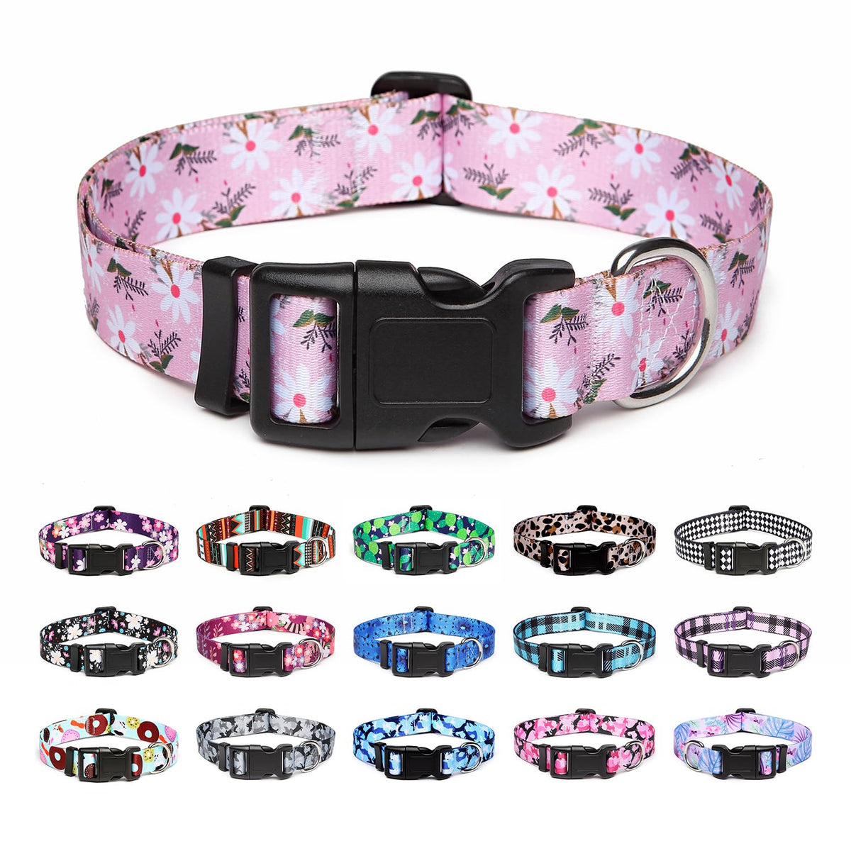 Collar Mercano para perros con diseño floral rosa y blanco, cómodo para paseos diarios.