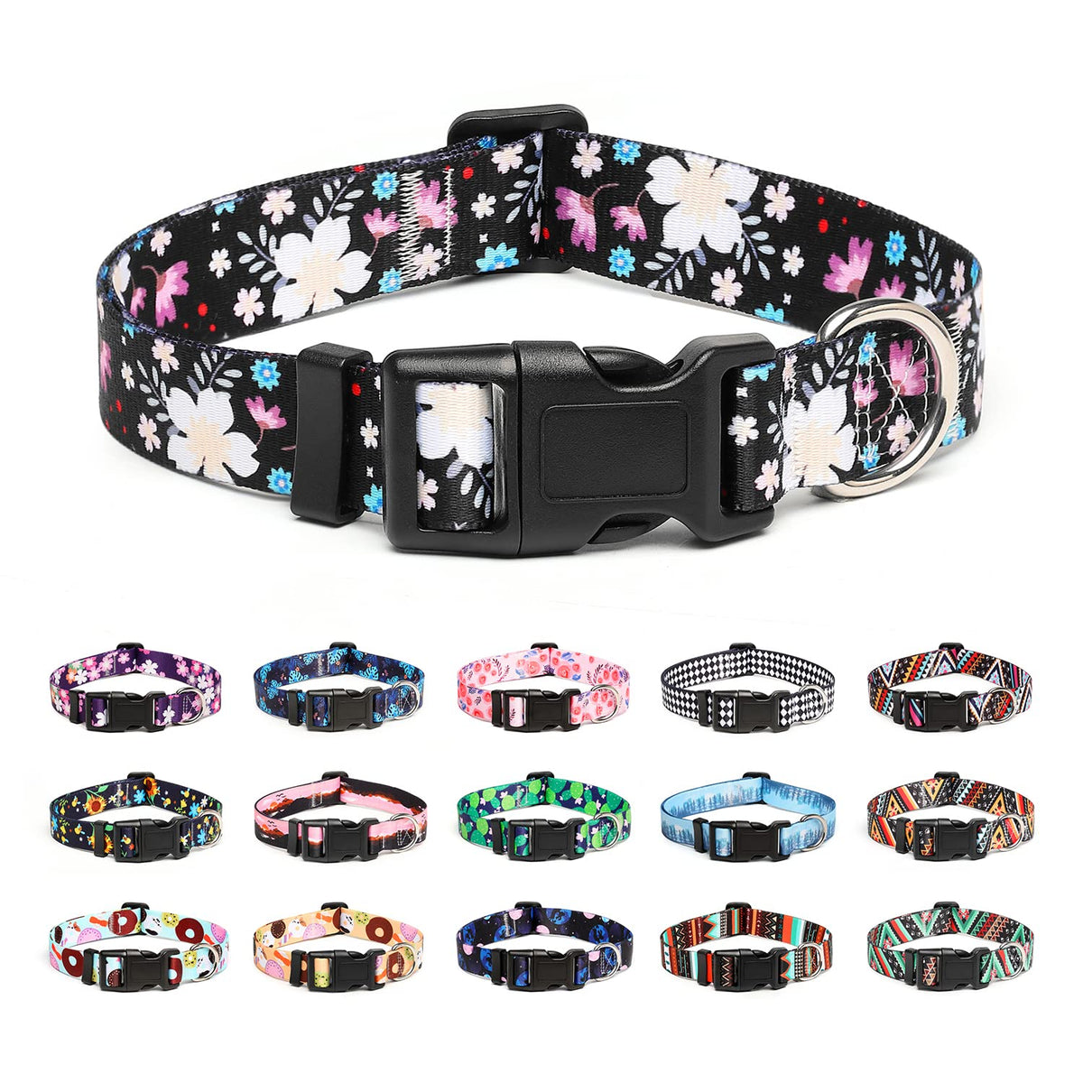 Mercano collar para perros con diseño floral blanco y nylon suave para uso diario cómodo.