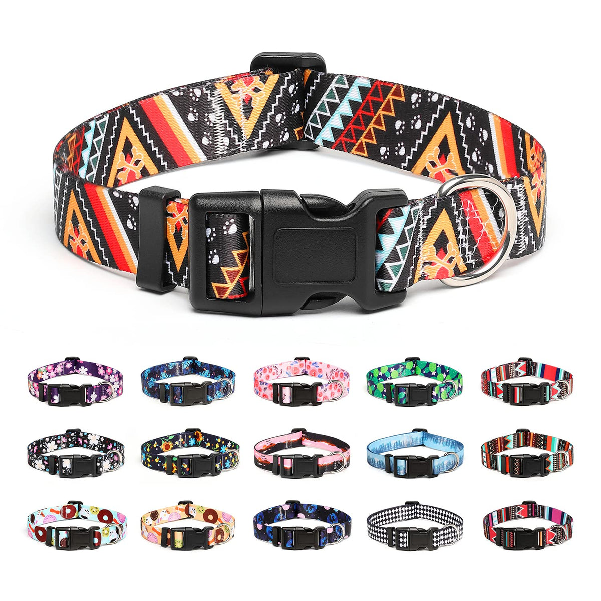 Collar Mercano ajustable con patrón tribal floral, cómodo y resistente para paseos diarios.