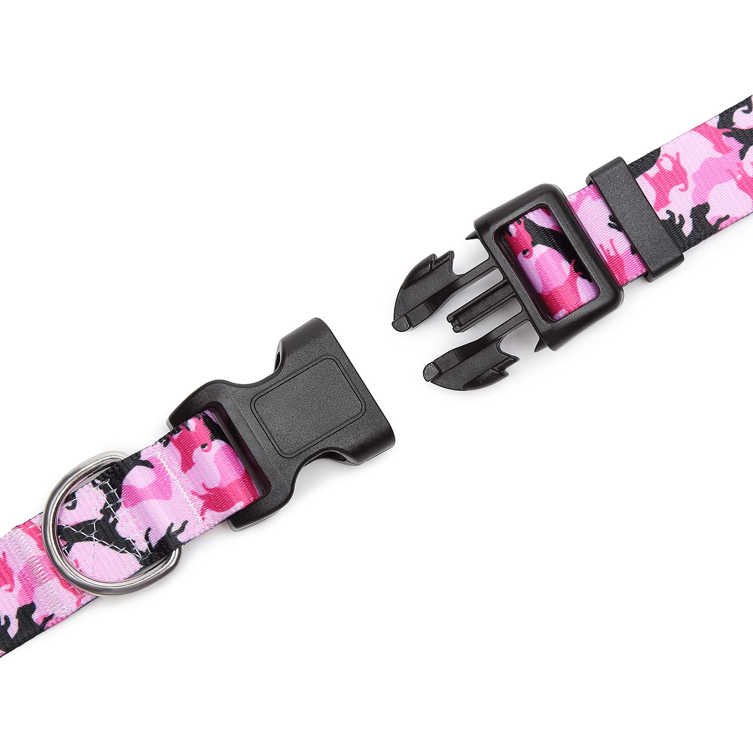 Mercano collar perro camuflaje rosa, ideal para diferentes tamaños.