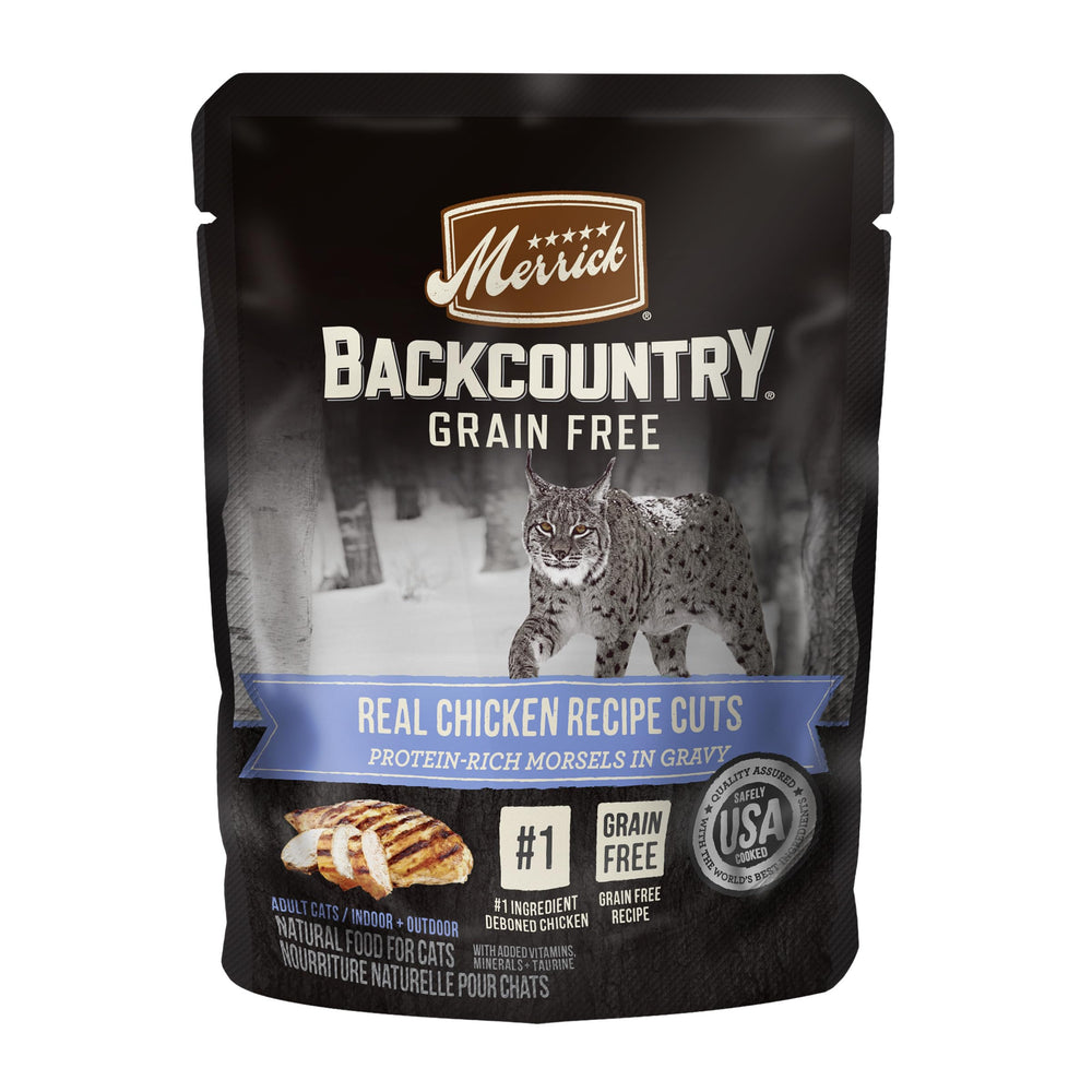 Merrick Backcountry bolsa pollo deshuesado con salsa, alimento húmedo para gatos.