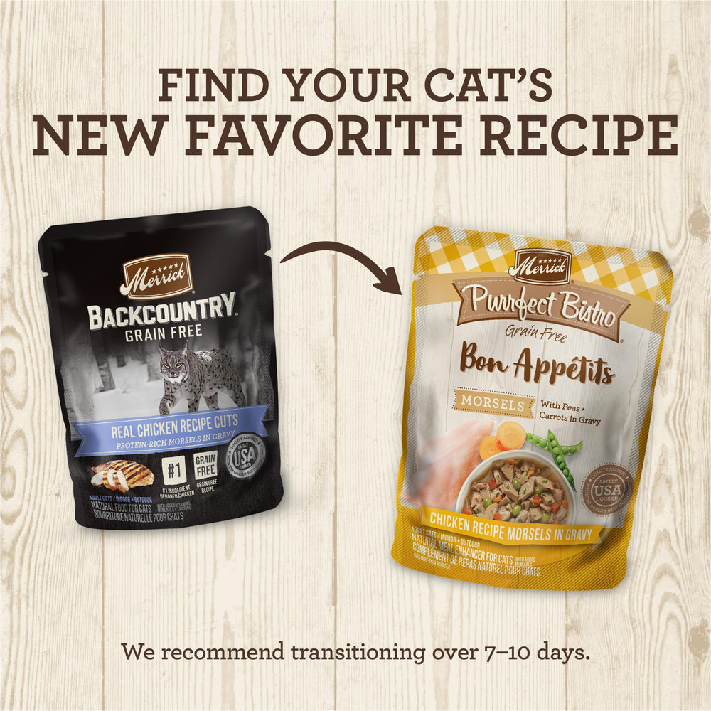 Merrick Backcountry pedazos de pollo en salsa, sabor real para gatos.